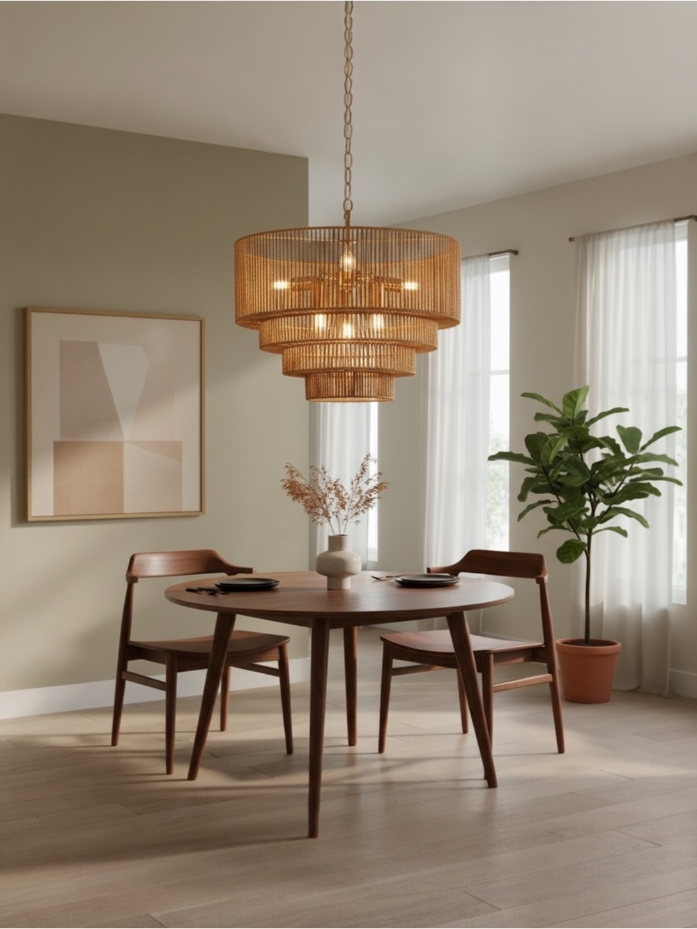 NEW West Elm XL 6-Light Boho Rattan Woven Chandelier Hanging Light Fixture